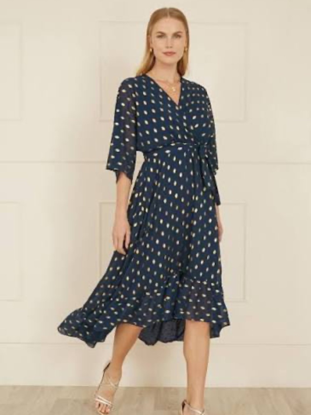Yumi Navy Foil Print Wrap Over Dip Hem Midi Dress